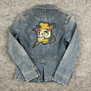 FUBU Denim Jacket Womens Size L Blue Button-Up Embroidered Rose Western Style